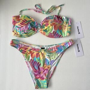 Hurley 2-Piece Bikini Set Women's Large Colorful Tropical Hawaiian Swimwear NEW